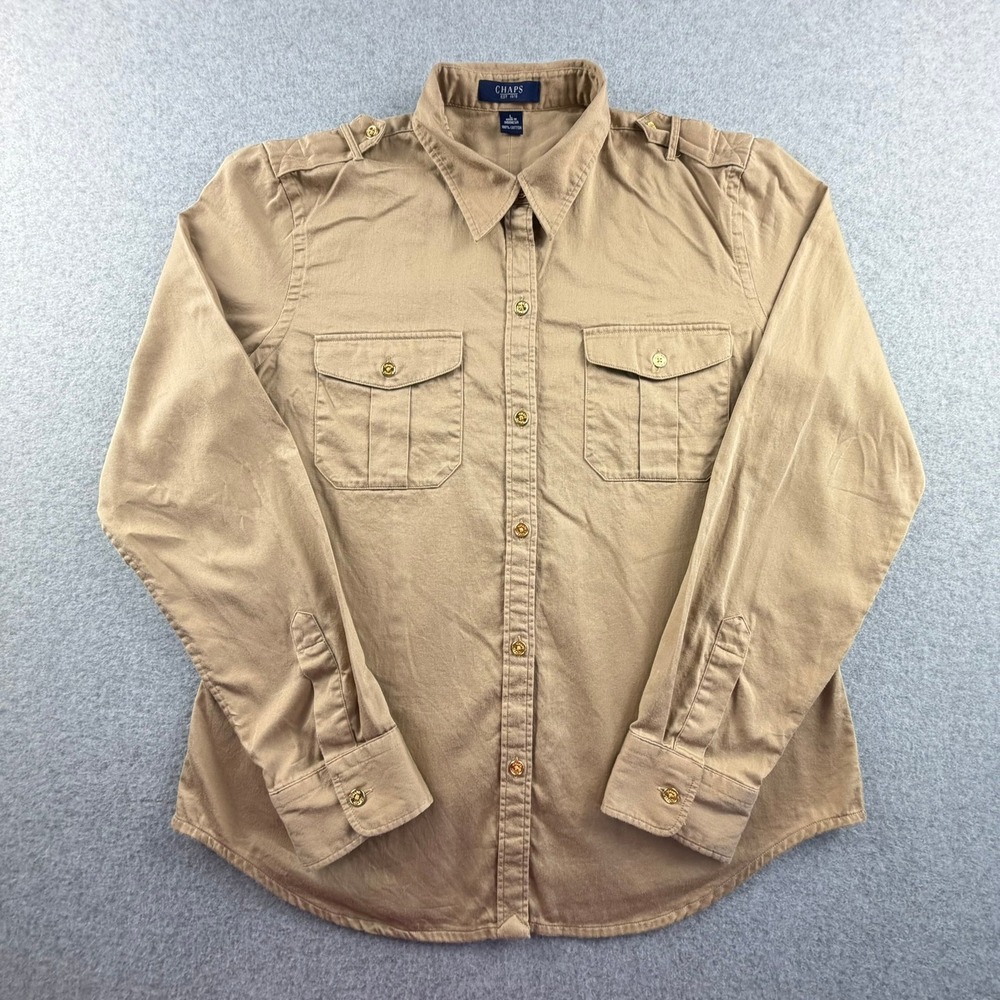 Chaps Mens Khaki Tan Cotton Utility Button Down Shirt Epaulets Size L